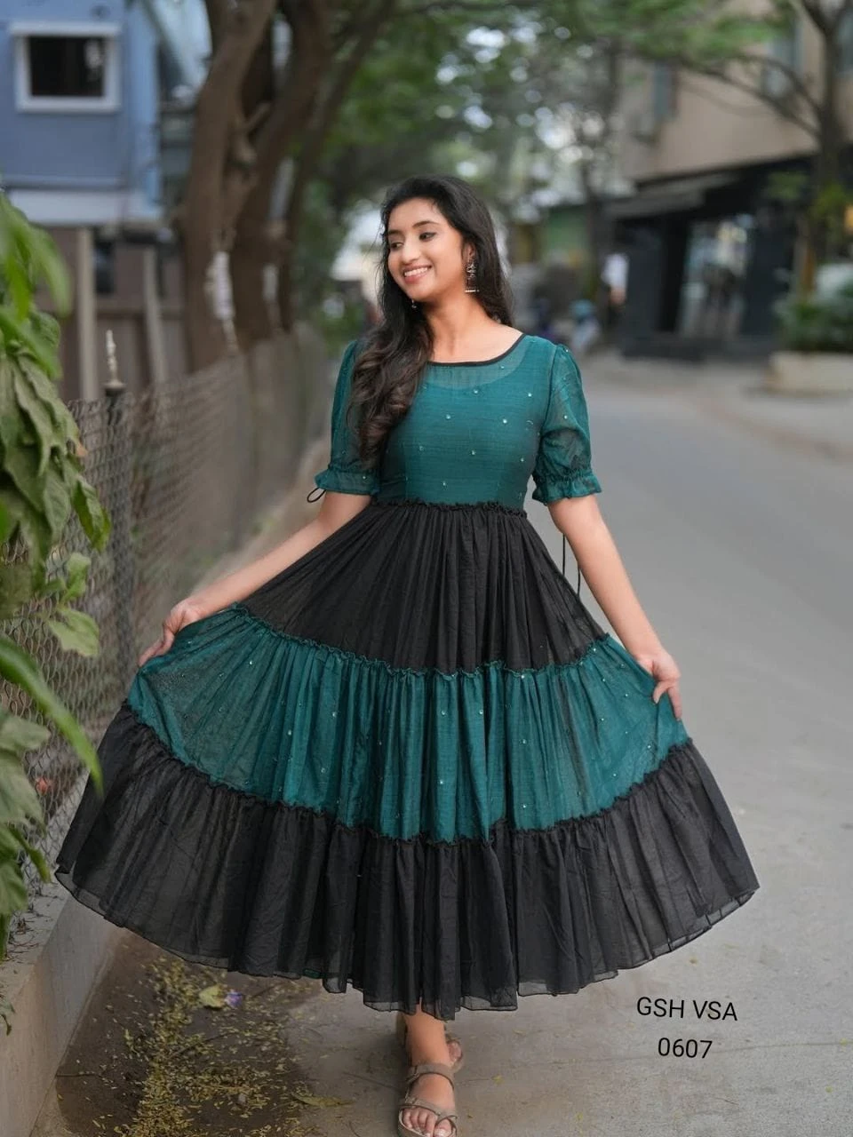 Black & Teal Magic Tiered Midi Gown Dress